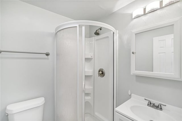 full bathroom featuring a shower stall, toilet, and vanity