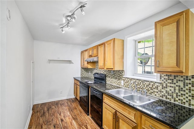 kitchen with tasteful backsplash, dark countertops, a sink, under cabinet range hood, and black appliances