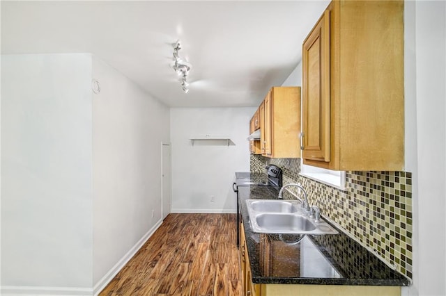 kitchen with dark wood-type flooring, a sink, backsplash, and baseboards