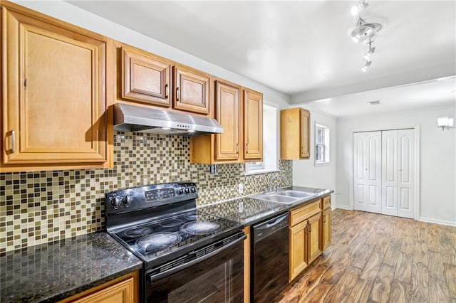 kitchen featuring wood finished floors, a sink, under cabinet range hood, black appliances, and backsplash