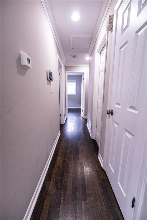 hallway featuring ornamental molding and dark hardwood / wood-style flooring