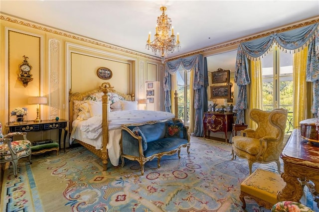 bedroom with a chandelier