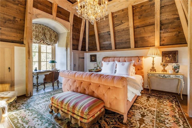 bedroom with high vaulted ceiling, a notable chandelier, and beamed ceiling