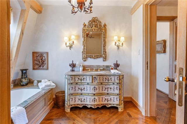 bathroom featuring vanity, parquet floors, and beamed ceiling