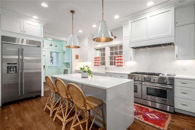 626 Elmwood Dr NE, Atlanta, GA 30306 - kitchen with high end appliances, light countertops, dark wood-type flooring, a kitchen breakfast bar, and recessed lighting