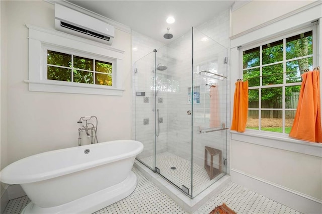 626 Elmwood Dr NE, Atlanta, GA 30306 - bathroom with a wall unit AC, healthy amount of natural light, a stall shower, and a freestanding tub