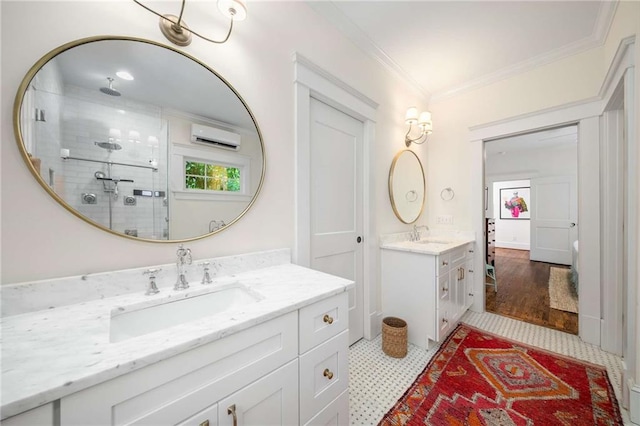626 Elmwood Dr NE, Atlanta, GA 30306 - full bathroom with a stall shower, two vanities, crown molding, and a wall unit AC