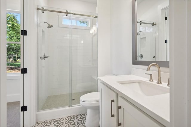 bathroom with toilet, a shower stall, and vanity