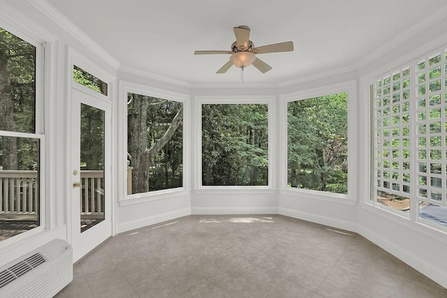 2010 Riverside Rd, Roswell, GA 30076 - unfurnished sunroom featuring tile patterned floors, a wall mounted AC, baseboards, and ornamental molding