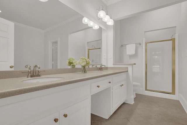 2010 Riverside Rd, Roswell, GA 30076 - full bath with toilet, a stall shower, double vanity, ornamental molding, and tile patterned floors