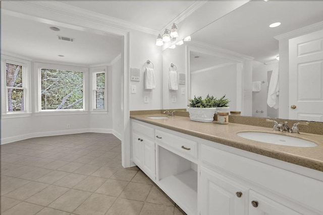 2010 Riverside Rd, Roswell, GA 30076 - bathroom with tile patterned floors, double vanity, baseboards, and crown molding