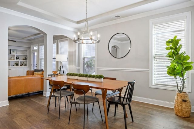 dining room with a raised ceiling, dark wood-type flooring, and a wealth of natural light