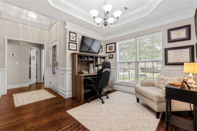 102 Blackstone Ct, Kathleen, GA 31047 - office space featuring a chandelier, wood finished floors, a tray ceiling, a wainscoted wall, and crown molding