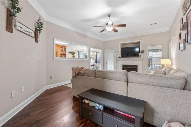 102 Blackstone Ct, Kathleen, GA 31047 - living room with a ceiling fan, dark wood-style floors, a fireplace, ornamental molding, and baseboards