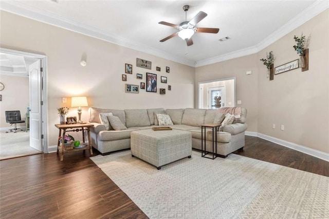 102 Blackstone Ct, Kathleen, GA 31047 - living room with ceiling fan, wood finished floors, baseboards, and crown molding