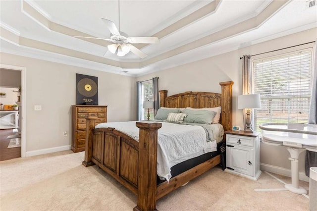 102 Blackstone Ct, Kathleen, GA 31047 - bedroom featuring a raised ceiling, crown molding, light colored carpet, baseboards, and ceiling fan