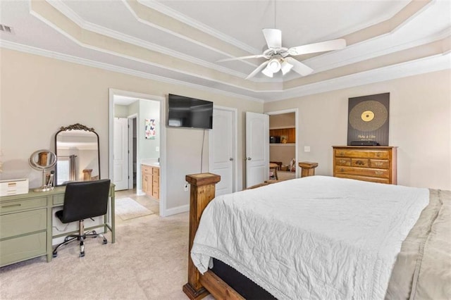 102 Blackstone Ct, Kathleen, GA 31047 - bedroom with a raised ceiling, crown molding, light colored carpet, a desk, and connected bathroom