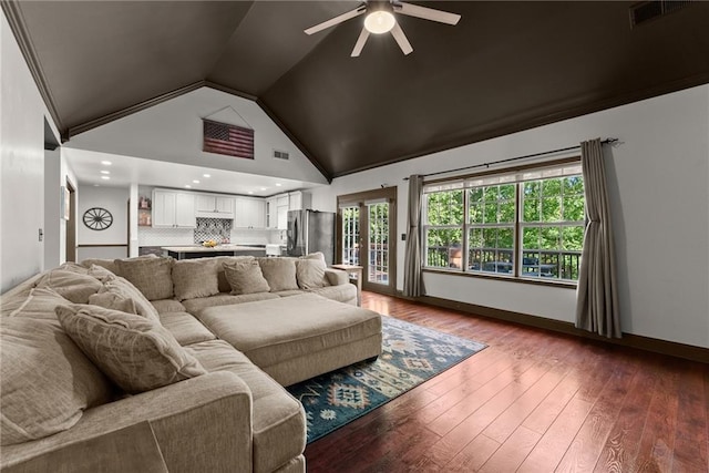5995 Wellington Ave, Gainesville, GA 30506 - living area with a ceiling fan, hardwood / wood-style flooring, baseboards, high vaulted ceiling, and crown molding