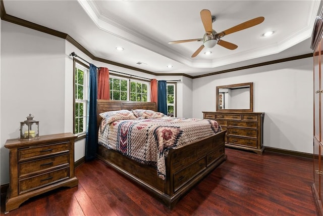 5995 Wellington Ave, Gainesville, GA 30506 - bedroom with crown molding, a tray ceiling, hardwood / wood-style flooring, baseboards, and recessed lighting