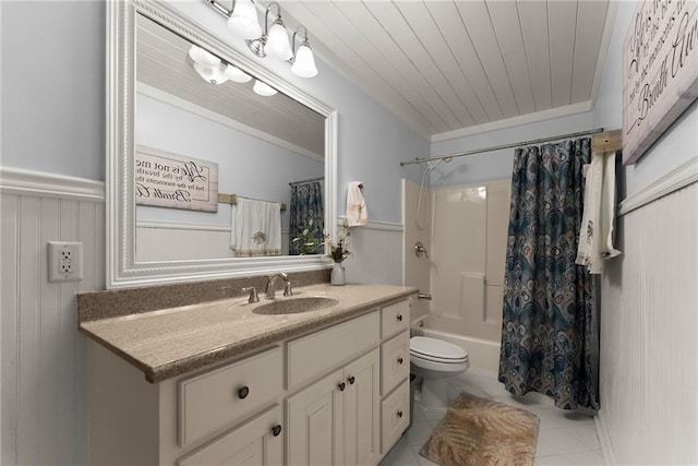 5995 Wellington Ave, Gainesville, GA 30506 - bathroom with vanity, toilet, shower / bath combo, tile patterned flooring, and a wainscoted wall