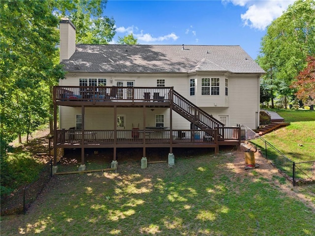 5995 Wellington Ave, Gainesville, GA 30506 - back of property featuring a wooden deck, stairway, a chimney, and roof with shingles