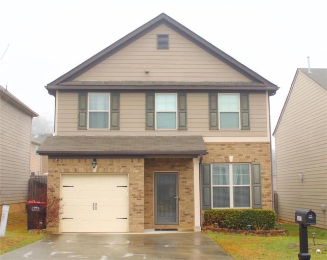 view of front of property with a shingled roof, concrete driveway, brick siding, and an attached garage