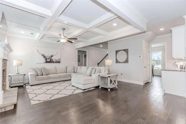 72 Whistling Dr, Jefferson, GA 30549 - living room featuring baseboards, dark wood-type flooring, ceiling fan, beam ceiling, and recessed lighting