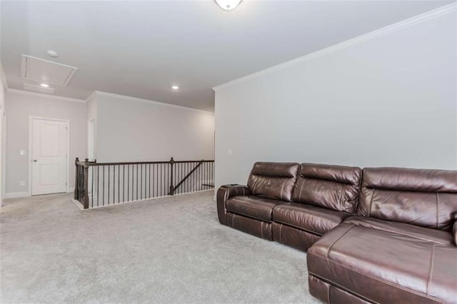 72 Whistling Dr, Jefferson, GA 30549 - carpeted living room with attic access, crown molding, recessed lighting, and baseboards