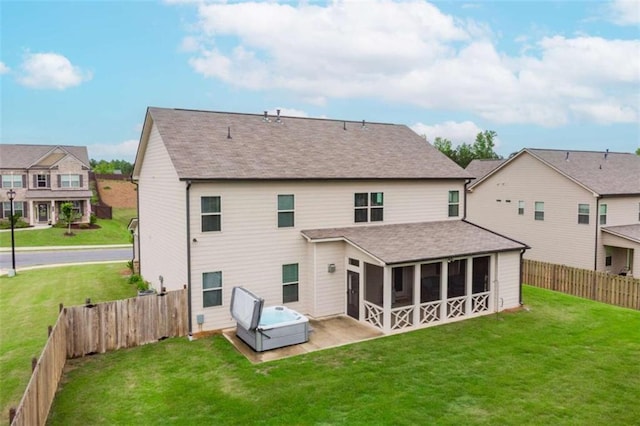 72 Whistling Dr, Jefferson, GA 30549 - back of property featuring a sunroom, a patio, a residential view, a hot tub, and roof with shingles