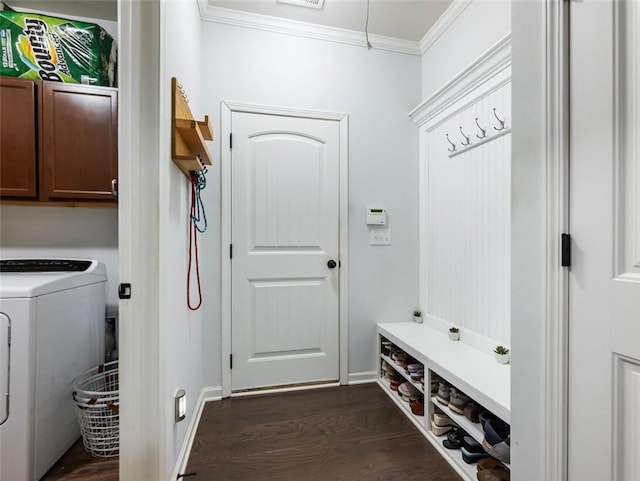 mudroom with washer / dryer, ornamental molding, and dark hardwood / wood-style floors