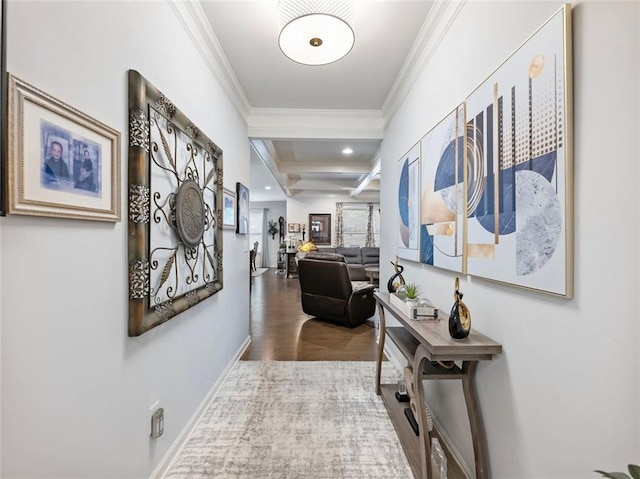 hall with coffered ceiling, ornamental molding, beam ceiling, and wood-type flooring