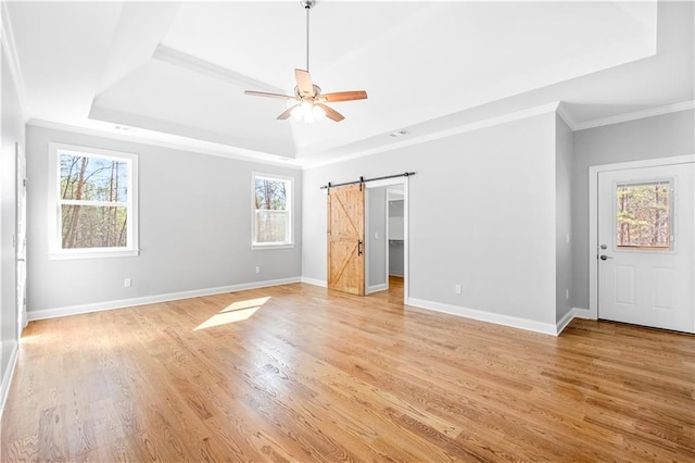 unfurnished room with light wood-type flooring, a wealth of natural light, a barn door, and a raised ceiling