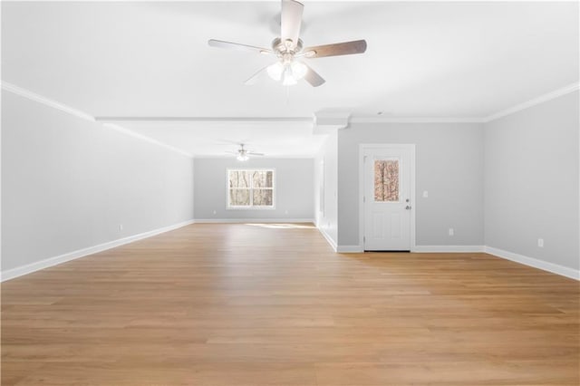 unfurnished living room with light wood-type flooring, ceiling fan, and crown molding