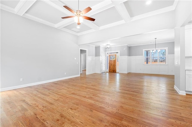 unfurnished living room featuring beam ceiling, ceiling fan with notable chandelier, coffered ceiling, and light hardwood / wood-style floors