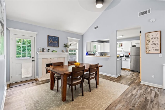 115 Donna Dr, Dawsonville, GA 30534 - dining space featuring wood finished floors, healthy amount of natural light, high vaulted ceiling, a fireplace, and ceiling fan