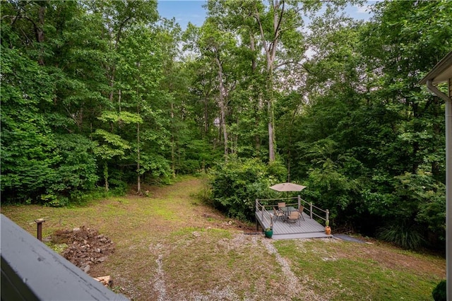 115 Donna Dr, Dawsonville, GA 30534 - view of green lawn with a wooden deck and a wooded view