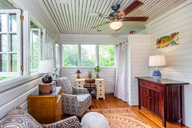 sunroom / solarium featuring wood ceiling, ceiling fan, and plenty of natural light