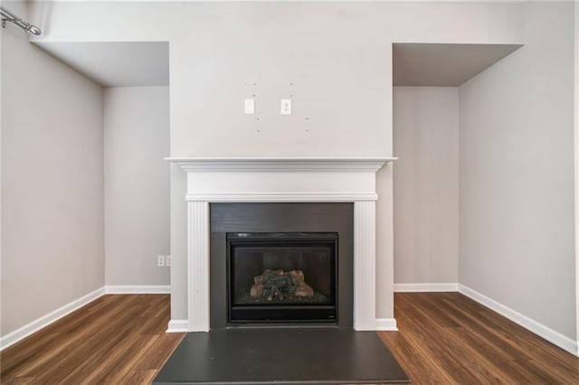 detailed view of a glass covered fireplace, wood finished floors, and baseboards