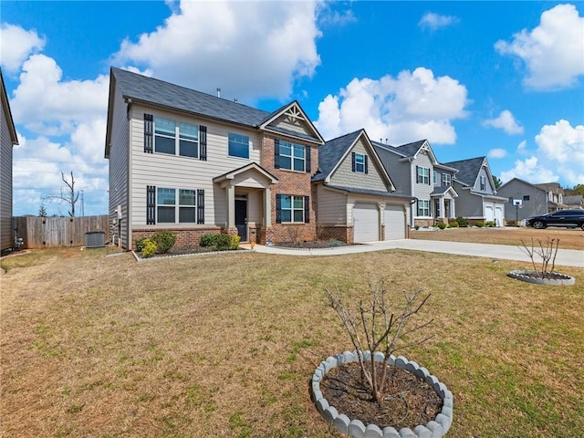 craftsman inspired home featuring driveway, fence, cooling unit, brick siding, and a residential view