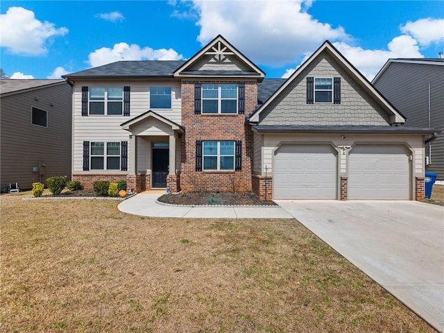 craftsman-style house featuring brick siding, an attached garage, driveway, and a front lawn