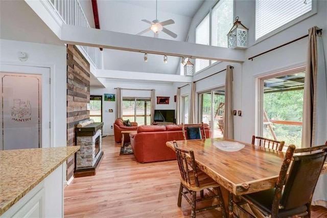 94 Rhinas Trl, Mineral Bluff, GA 30559 - dining room with high vaulted ceiling, light wood-type flooring, a ceiling fan, and a fireplace