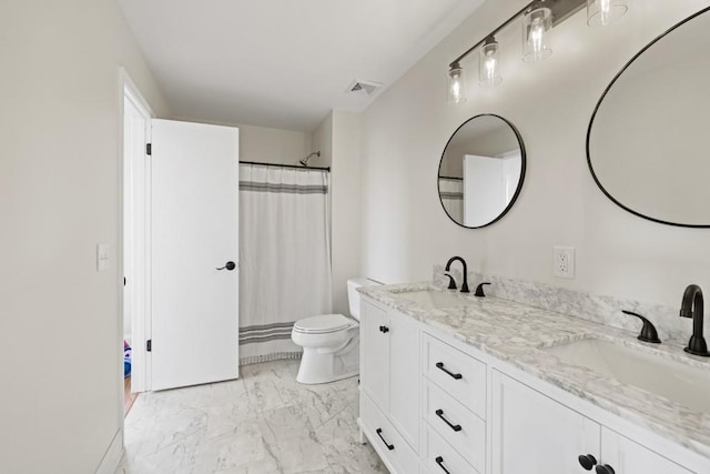 bathroom with a sink, visible vents, toilet, and marble finish floor