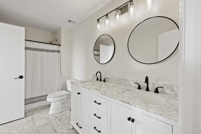 full bath with visible vents, marble finish floor, toilet, and a sink