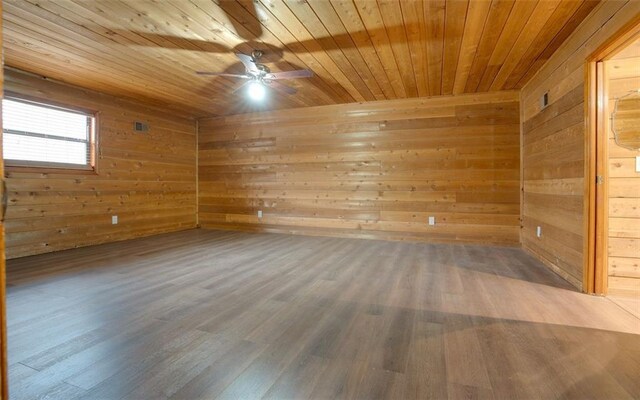 spare room featuring wooden walls, ceiling fan, wood ceiling, and wood-type flooring