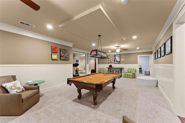 game room featuring ceiling fan, billiards, ornamental molding, and carpet flooring