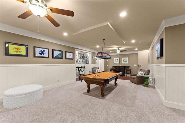 recreation room with bar, crown molding, light colored carpet, and billiards