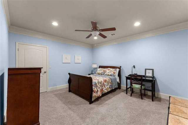 bedroom with crown molding, light carpet, and ceiling fan