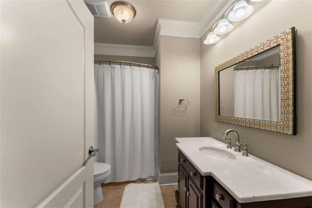 bathroom with crown molding, vanity, toilet, and a shower with curtain