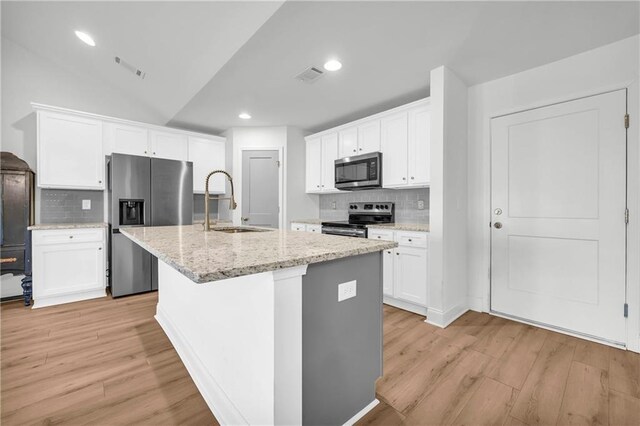 kitchen with backsplash, white cabinets, a center island with sink, and stainless steel appliances