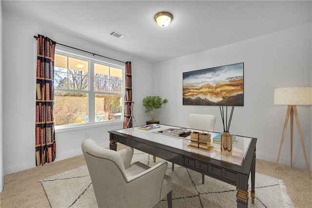 office space with light colored carpet